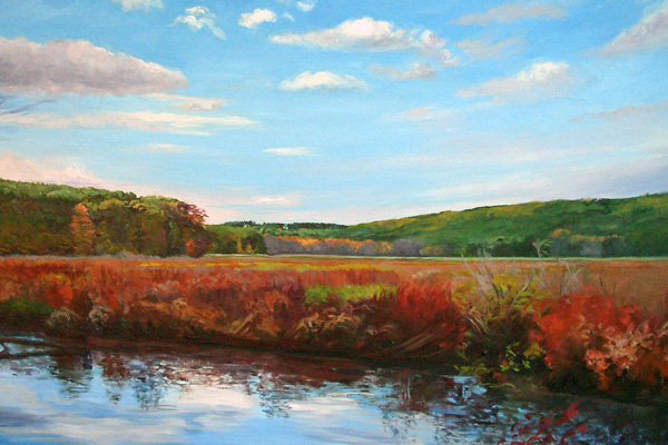 Ella Delyanis, Fall on Mill Pond (detail), Oil on canvas